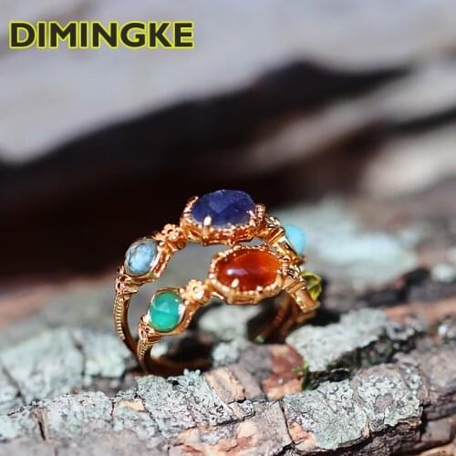 DIMINGKE Natural Amethyst Cordierite Gemstone Ring 100%-S925 Silver 14K Gold Anniversary Elegant Woman Pair Gift
