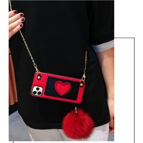 Love Heart Card Bag Cute Fur Ball Long Chain Crossbody Leather Case Cover For Iphone 12 Mini 11 Pro XS Max XR X 8 7 6 6S Plus SE