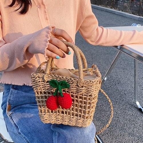 Summer Straw Women Bags Handmade Cheery Embellished Straw Bag Small Straw Bucket Bags Lady Travel Purses and Handbags