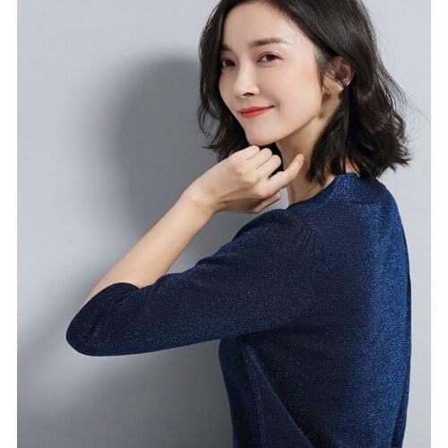 Summer Women Bow Ice Silk Short Sleeve Knitwear Ladies Tee Shirt Ladies Cute Tops Hot Office Wear Girls Thin V-neck Blue T-shirt