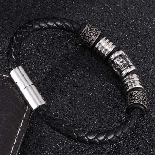New Personality Magnetic Buckle Woven Bracelets Stainless Steel Beaded Accessories 6mm Men Braided Black Leather Bracelet ST0417