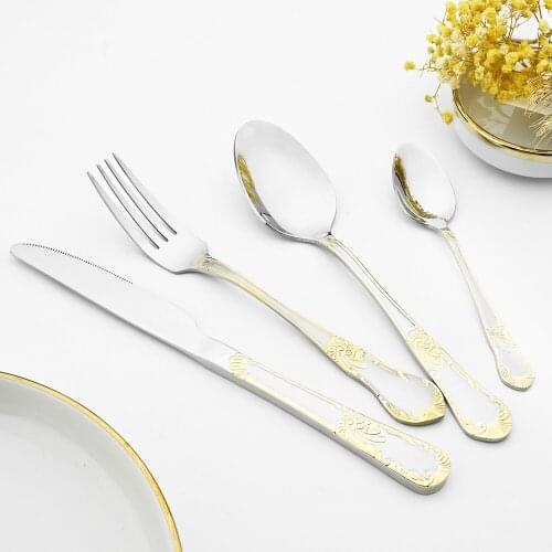 304 Stainless Steel 1pcs Western Royal Vintage Style Metal Cutlery Spoon Knife Fork Silver Dinnerware Set Tableware for Kitchen