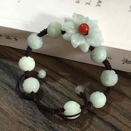 Natural Jade Emerald Flower Beads Lotus Bracelet Adjustable Bangle Jewellery Fashion Accessories DIY Hand-Carved Woman Amulet
