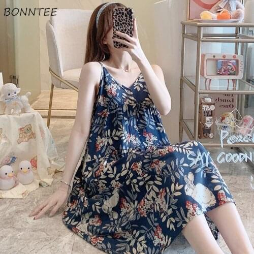 Nightgowns Women Mid-calf Sexy Sleeveless Floral Loose Female Nightwear Clothing Buttons Vintage Backless Soft 26 Colors Ladies
