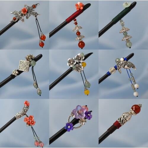 Vintage Sandalwood Flower hair Sticks,Ethnic tassel clothing accessories, simple alloy pendant for womens Jewelry 2020 NEW