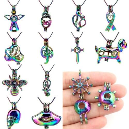 Rainbow Colors 22'' Steel Snake Chains Family Angel Ribbon Mask Puppy Rudder Pearl Beads Cage Perfume Locket Pendant Necklace