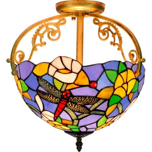 Romantic Tiffany Ceiling Lamp for Balcony Foyer Aisle Entrance Vintage Colorful Glass 34cm Dragonfly Light 1156