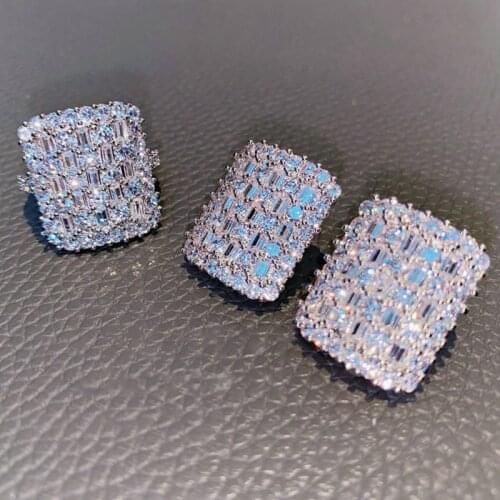 Luxury Exaggerated Solid 925 Sterling Silver Trapezoid Zircon Jewelry Set for Women Ring Earrings Korea Fashion Jewelry