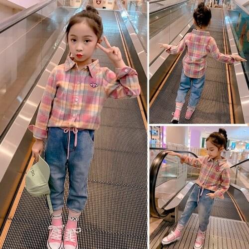New 2020 Girls Spring/Autumn Plaid Embroidery Shirt Childrens Long Sleeve Autumn Fashion Wear 110-160cm Pink/Navy Hot Sale