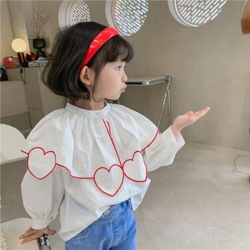 Girl Love Shirt Solid Collar Shirt Kids Top clothes Kids Girls White Shirt Long Sleeve Cotton Lace Children Girl Tops Blouse