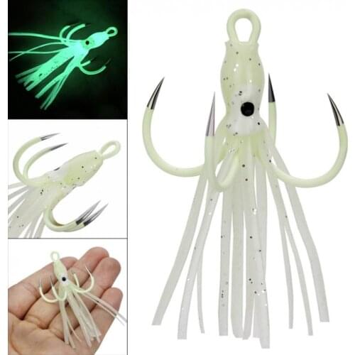 Fishing Luminous Octopus Lures 18# 3g Squid Skirts Bait Squid Jig Octopus Lures Glow with 4 Hooks