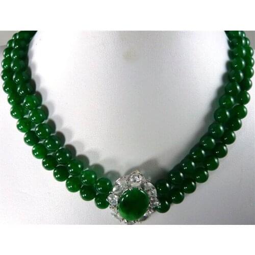 Noblest 2 row 8mm green jade wedding pendant necklace