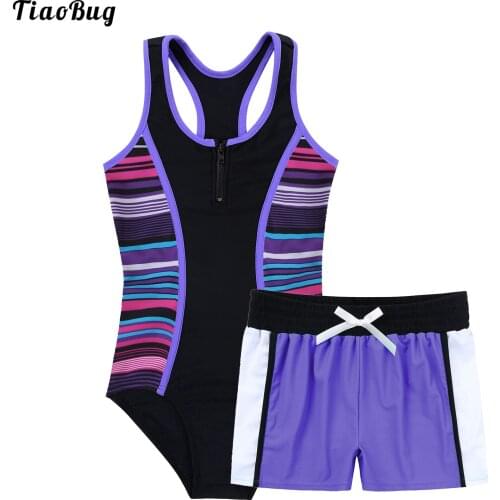TiaoBug Fashion Summer 2Pcs Kid Girls Swimming Suit Round Neck Sleeveless Racer Back Jumpsuit And Boyshorts Set Swimwear Bikini