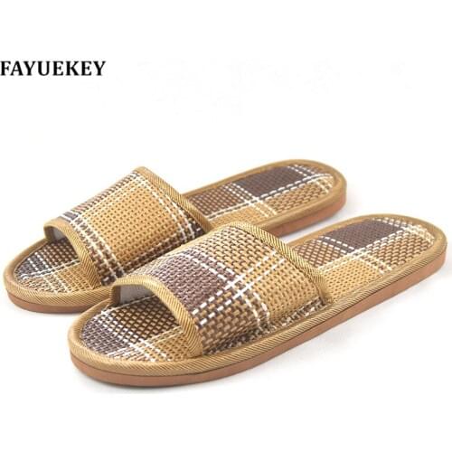 FAYUEKEY New Summer Cool Thick House Bamboo Leisure Unisex Slippers Home Indoor Floor Non-slip Linen Cane Slides Flat Shoes