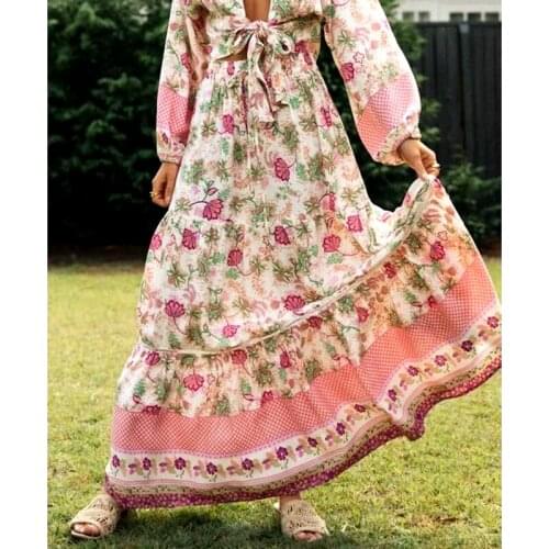 GypsyLady Vintage Floral Maxi Skirt Spring Summer Holiday Boho Beach Women Long Skirt Skirts Elastic Waist Girls Casual Skirts