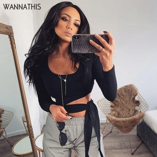 WannaThis Hollow out Cropped Women Long Sleeve Elastic Black Skinny Front Bow Bandage Irregular Streetwear Sexy Women Shirt New