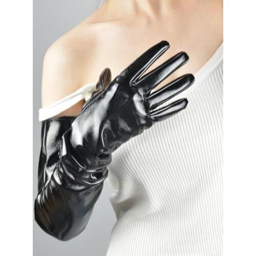 Womens patent PU leather shiny black long gloves female runway fashion leather driving glove 70cm TB859