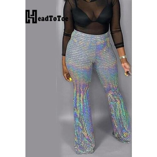 Glitter Sequins High Waist Wide Leg Pants Women Slim Fit Party Club Pants Trousers