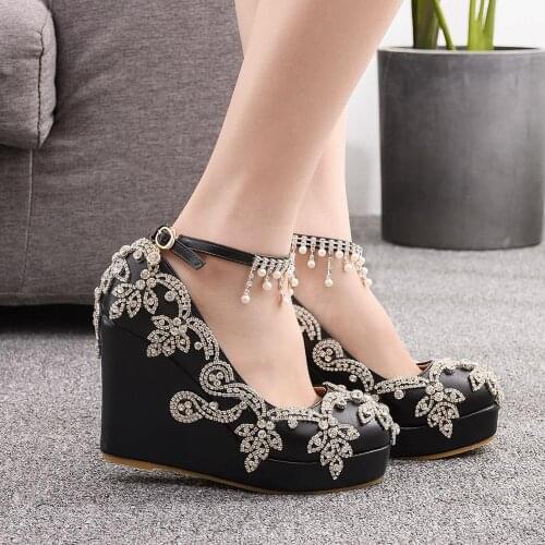 Women Wedges High Heel Shoes with Crystal Ankle Straps Fashion AB Crystal Bridal Wedding Shoes Plus Size Mother Bride Shoe