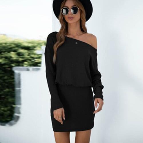 Womens Pullover Casual Dress Sexy Off-shoulder Long-sleeved Bag Hip Solid Color Dresses Harajuku Street Style Mini Dress Autumn