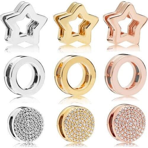 100% 925 Sterling Silver Beads Reflexions Rose Gold Dazzling Elegance Logo Circle Clip Charm Fit Pan Bracelet Diy Jewelry