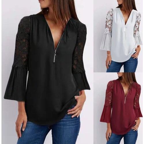 2021 Fashion Casual Lace Blouse Flare Sleeve Sexy Zipper V-Neck Tee Top Female Women Long Sleeve Shirt Blusas Femininas Clothing