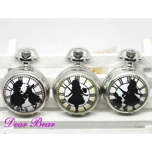 6001) Silver Alice in Wonderland with Rabbit Quartz Pocket Watch Necklace with mirror inside , 12pcs/lot, free ship