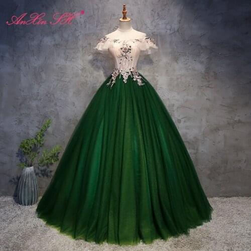 AnXin SH Vintage princess stage green lace flower ruffles boat neck host ball gown bride beading crystal party evening dress