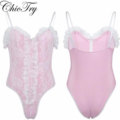 Sexy Mens Sissy Lingerie Adjustable Spaghetti Shoulder Straps High Cut Ruffle Lace Exotic Teddy Bodysuit Nightwear Sleepwear