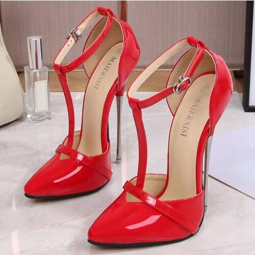Big Size 35-44 Women Patent Leather Thin Heeled Sandals Ankle Strap Pumps Super High Heels 16 CM Lady Nightclub Shoes DB0023