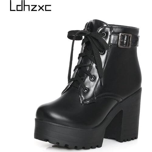 LDHZXC Boots Female Women Shoes Ankle Autumn British Wind Pu Leather Thick with Short Boots Motorcycle Shoes