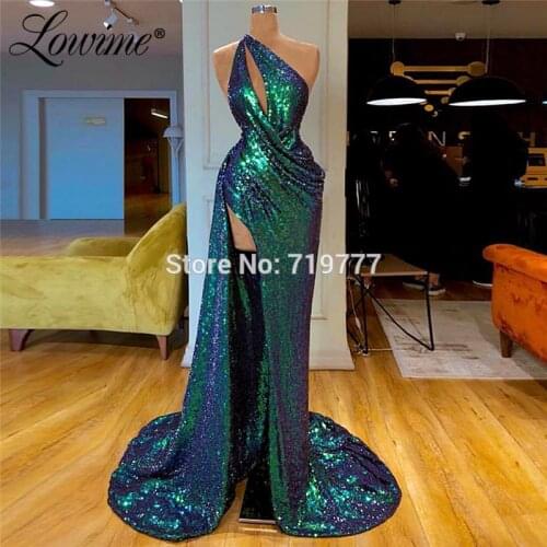 One Shoulder African Women Prom Dresses Green Evening Dress Sequins Sexy Long Party Dress Turkish Saudi Arabic Gown Kaftans