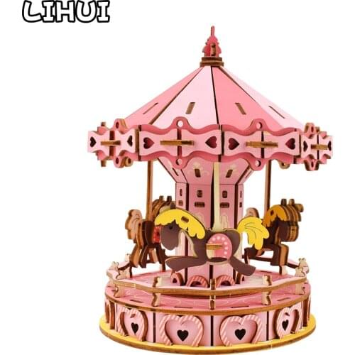 Carousel 3D Wooden Puzzle Toys Jigsaw Architecture House DIY Manual Assembly Kids Puzzles Educational Wood Toy for Children Gift