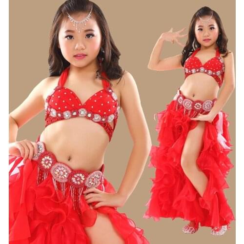 Top Grade Children Belly Dance Clothes 3-piece Oriental Outfit Bra Belt Skirt Girls Belly Dance Costume Professional Dance Set
