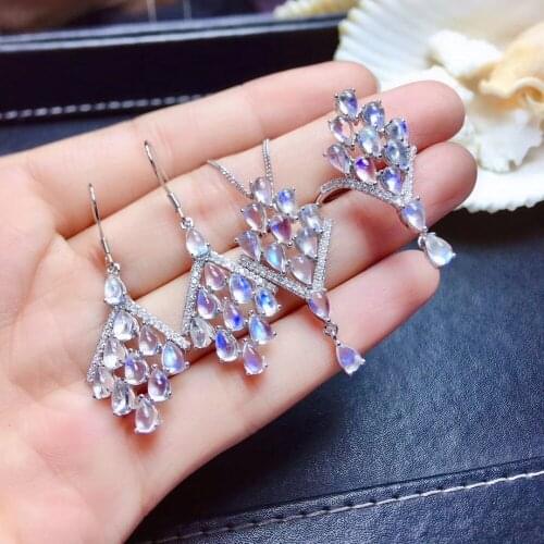 Natural blue moonstone jewelry sets natural gemstone pendant ring earrings 925 silver fashion Tassels Leaf women party jewelry