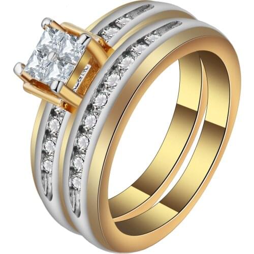 UFOORO New Cubic Zirconia Round Ring Sets Jewelry Gold Color Classic Women Wedding And Engagement Bands Ring Unique Bagues Femme