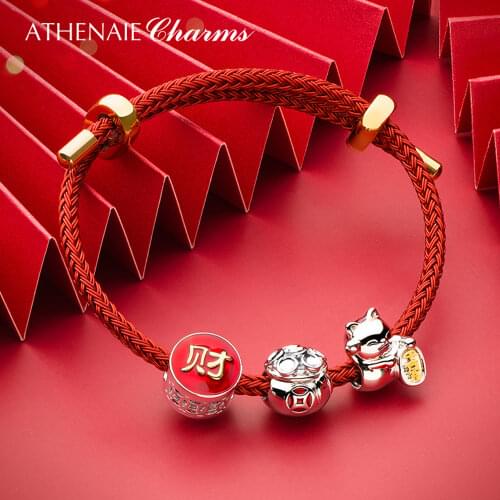 ATHENAIE 925 Sterling Silver Japanese Luck and Fortune Plutus Cat Charm White Beckoning Cat Maneki Neko Bead for Bracelet