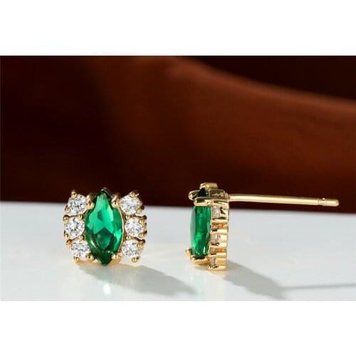Simple Fashion Green Zircon Earrings Charm Gold Color Bridal Wedding Earrings Luxury Female Crystal Leaf Stud Earrings For Women