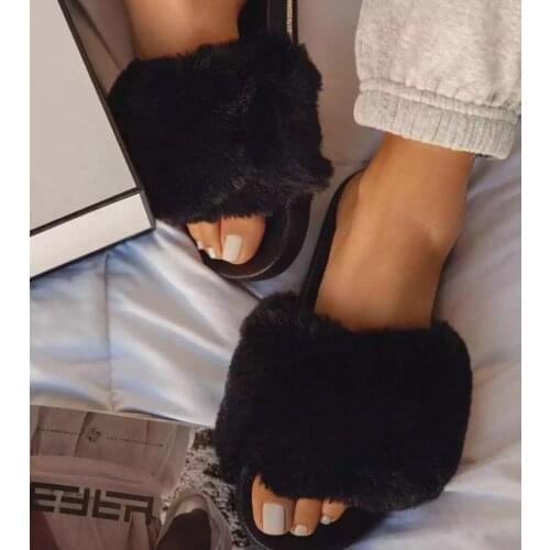 Luxury Designer Women Fur Rhinestone Slippers Platform Wedges Heel Solid Fluffy Furry Slides Outside Sexy Shoes Ladies Whosale