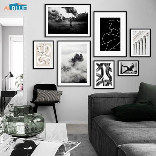 Modern Black And White Abstract Lines Poster Canvas Art Print Painting Landscape Foggy Mountain Nordic Wall Pictures Home Decor