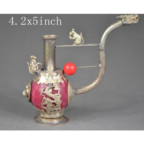 Old Handwork Orange Jade inlay Pipe Tibet Silver Dragon Smoking Collectible