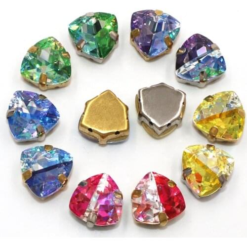 Wedding Decoration 12mm Fat Triangle Shape Glass Crystal Stone Pointback Claw Setting Laser AB Rhinestones Sew On Clothing/Dress