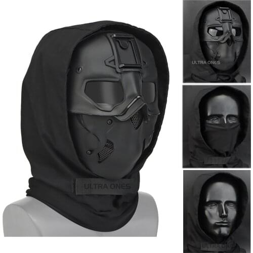 Tactical Mask with Hood Airsoft Paintball Military Full Face Mask Field Protective Safety Skull Halloween Hunting Headgear