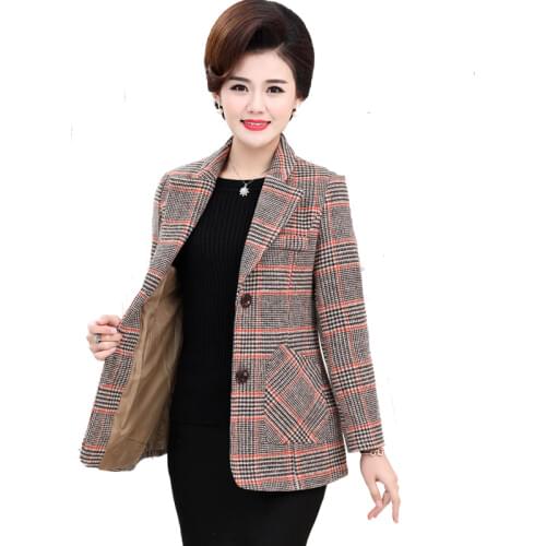 Spring Autumn Womens Outwear 2020 Fashion New Large Size Plaid Blazer Jackets Middle-aged Women Woolen Coats Plus Size 5XL W882
