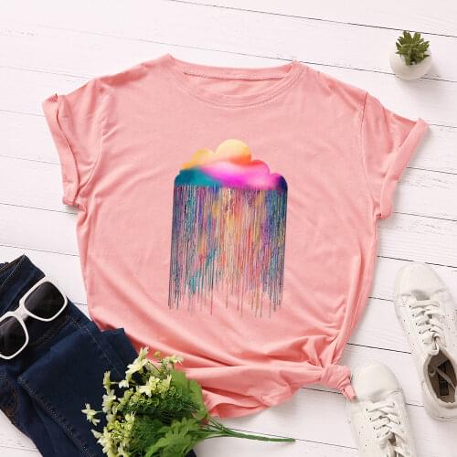 Women Short Sleeve Cotton T-Shirts Graphic Tees Summer Tee Tops for Female Loose Casual Oversized Tee Clothes Rainbow Rain