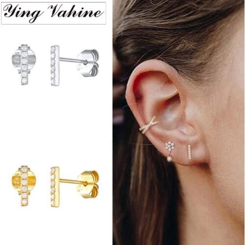Ying Vahine 100% 925 Sterling Silver Simple Mini Square Zircon Small Stud Earrings for Women