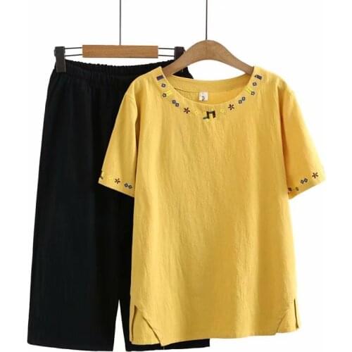 Plus size short sleeve Embroidery tshirts and black leg wide pants women sets 2021 new summer casual ladies 2 pieces female