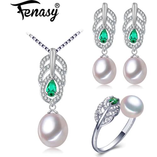 FENASY Pearl Jewelry Sets Pearl Pendant Necklace Earrings For Women fine engagement ring Leaves Emerald leaf big earrings set