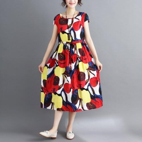 2020 summer Women Cotton Dresses Casual Short sleeve Print Dress vintage Large size Loose Dress women