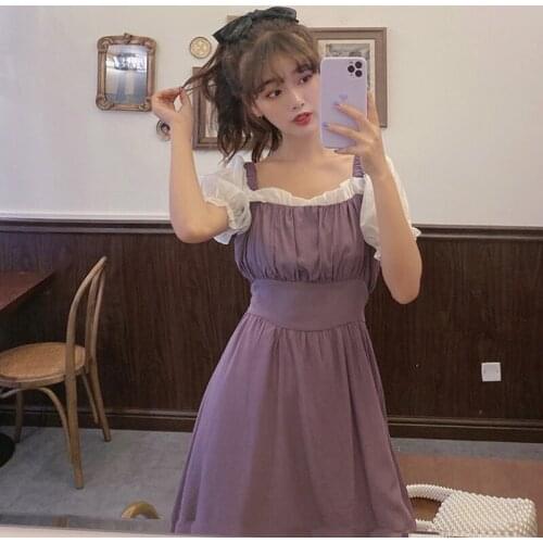 Puff Sleeve Color Matching Slimming Platycodon Grandiflorum Skirt Fashion 2021 Summer New Square Collar sweet lolita dress